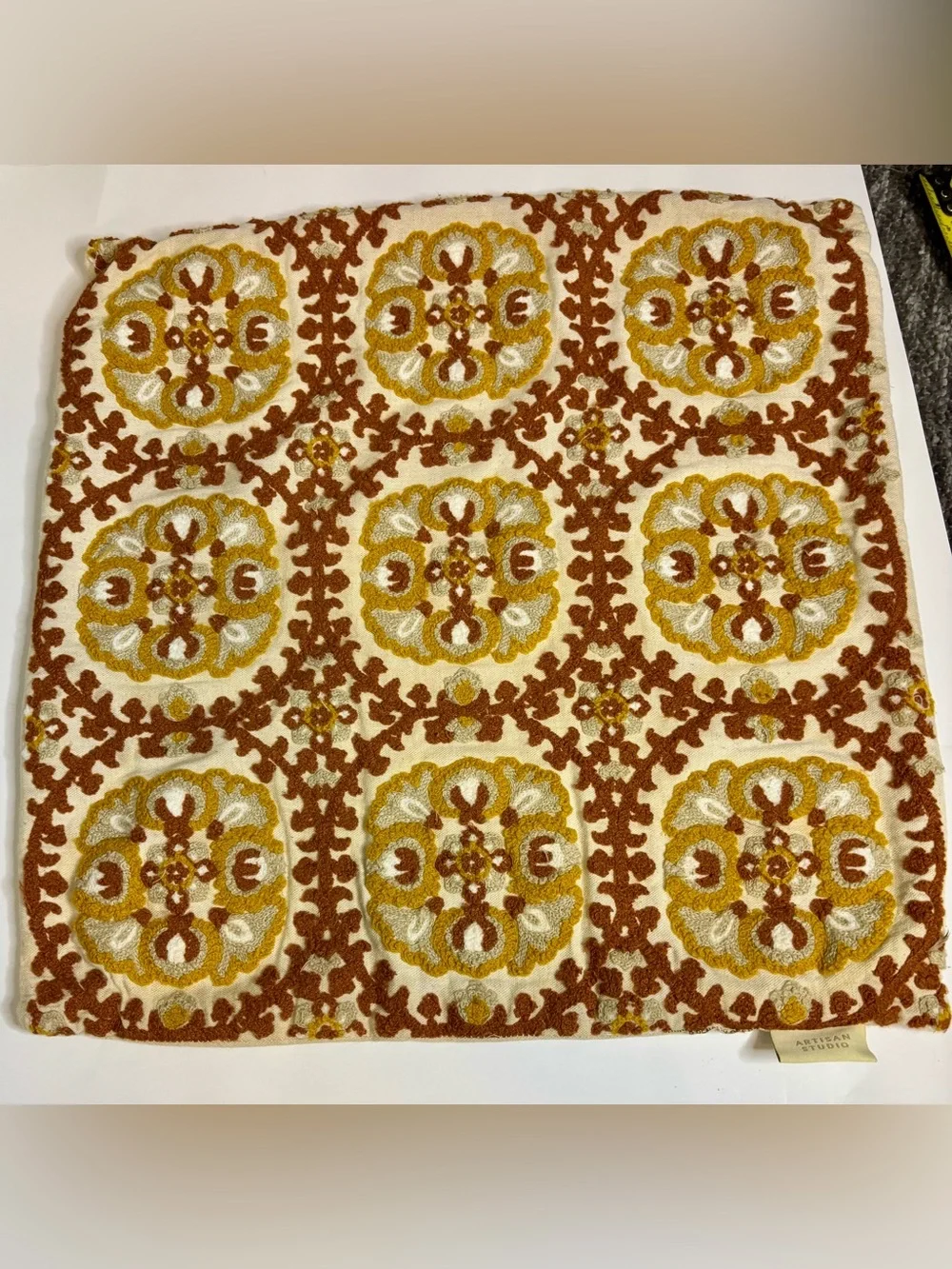 Embroidered Cream, Mustard & Brown Accent Pillow Covers lot of 2